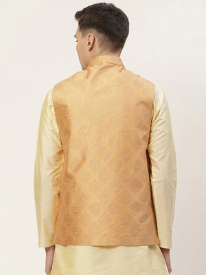 Men's Peach Jacquard Silk Woven Design Nehru Jacket (JOWC_4032Peach)