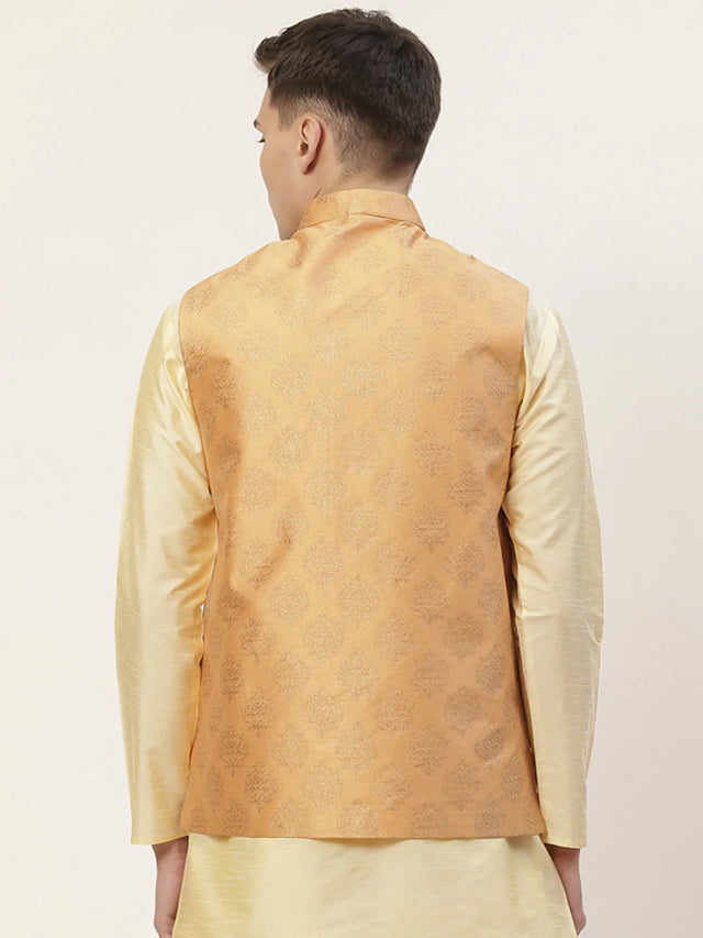 Men's Peach Jacquard Silk Woven Design Nehru Jacket (JOWC_4032Peach)