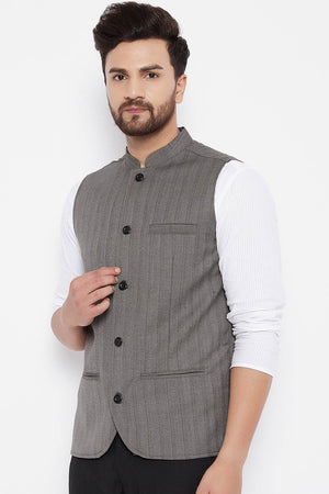 Buy Men's Merino Stripes Nehru Jacket in Brown - Front