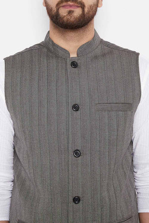 Buy Men's Merino Stripes Nehru Jacket in Brown - Zoom Out