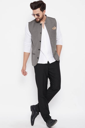 Buy Men's Merino Stripes Nehru Jacket in Brown - Back