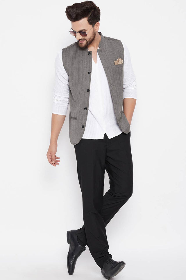 Buy Men's Merino Stripes Nehru Jacket in Brown - Back