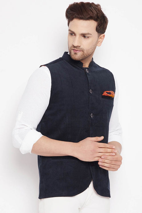 Buy Men's Polyester Solid Nehru Jacket in Navy