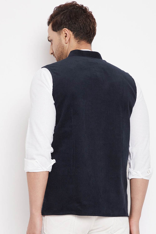Buy Men's Polyester Solid Nehru Jacket in Navy