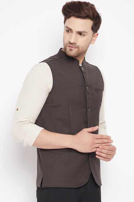 Buy Men's Merino Solid Nehru Jacket in Brown