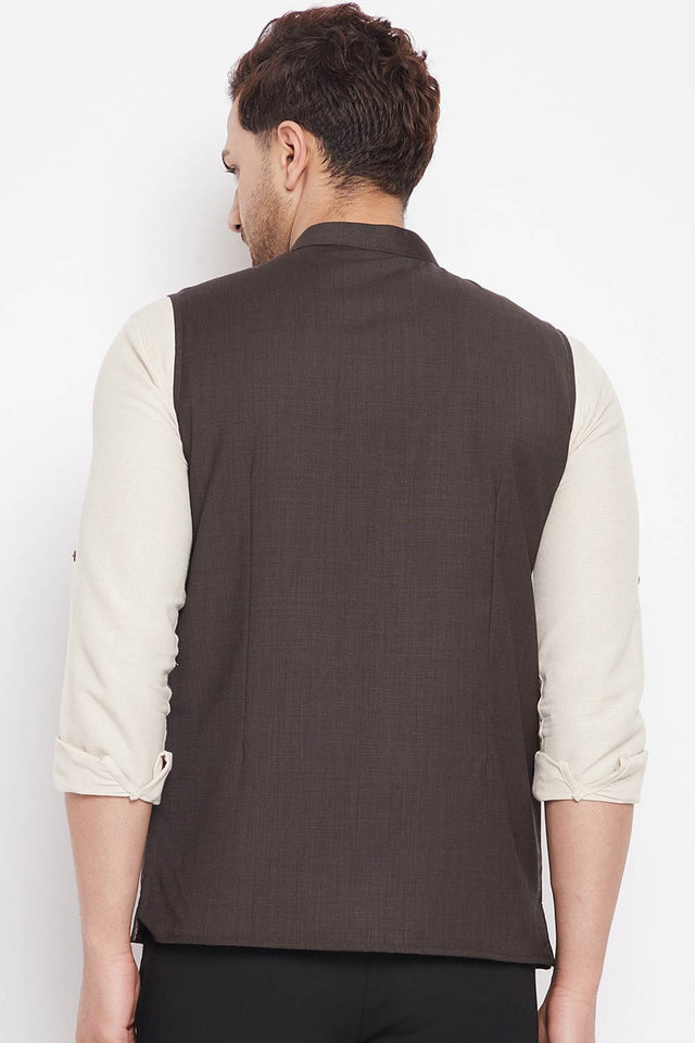 Buy Men's Merino Solid Nehru Jacket in Brown