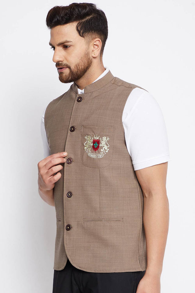Buy Men's Merino Solid Nehru Jacket in Brown - Back