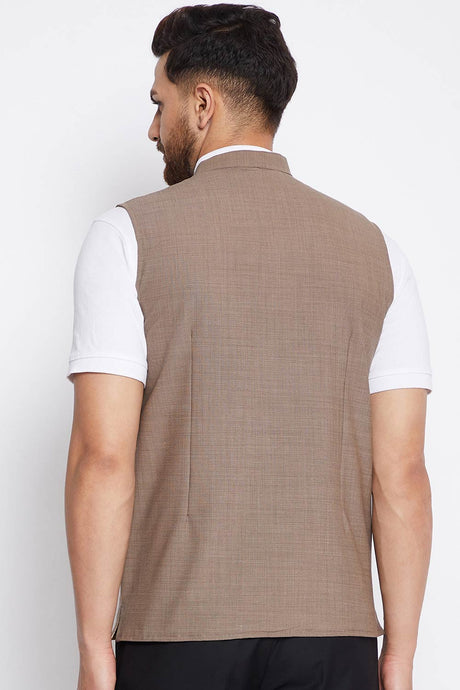 Buy Men's Merino Solid Nehru Jacket in Brown - Front