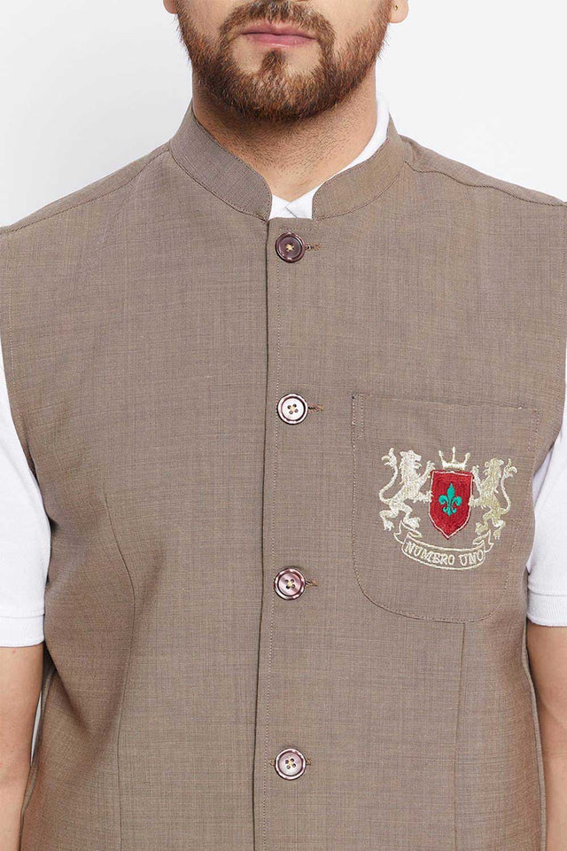 Buy Men's Merino Solid Nehru Jacket in Brown - Side