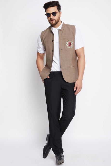 Buy Men's Merino Solid Nehru Jacket in Brown - Zoom Out