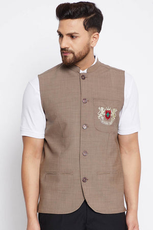 Buy Men's Merino Solid Nehru Jacket in Brown
