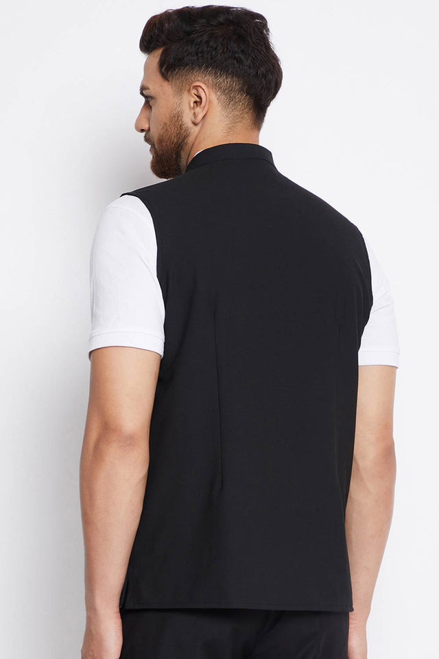 Buy Men's Merino Solid Nehru Jacket in Black - Front