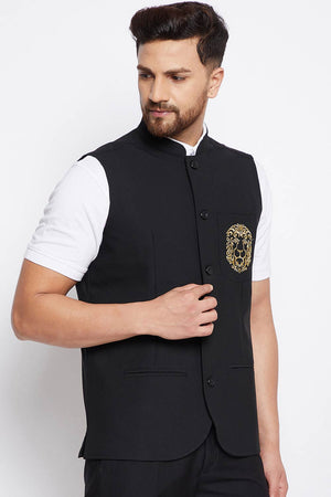 Buy Men's Merino Solid Nehru Jacket in Black - Zoom Out