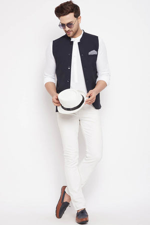 Buy Men's Merino Solid Nehru Jacket in Navy
