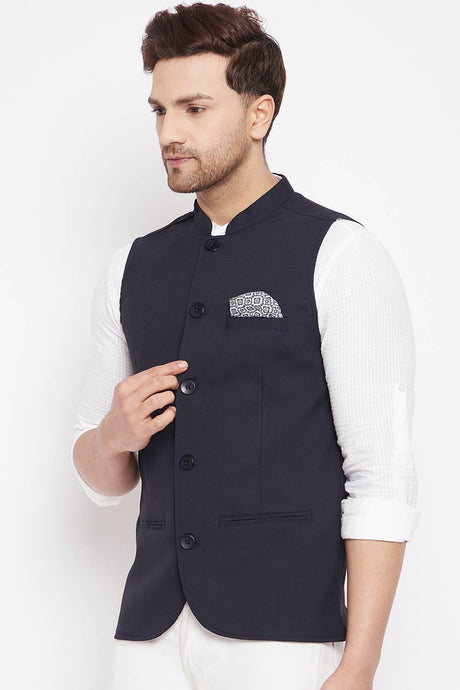 Buy Men's Merino Solid Nehru Jacket in Navy