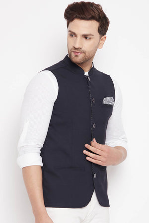 Buy Men's Merino Solid Nehru Jacket in Navy