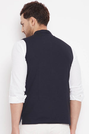 Buy Men's Merino Solid Nehru Jacket in Navy