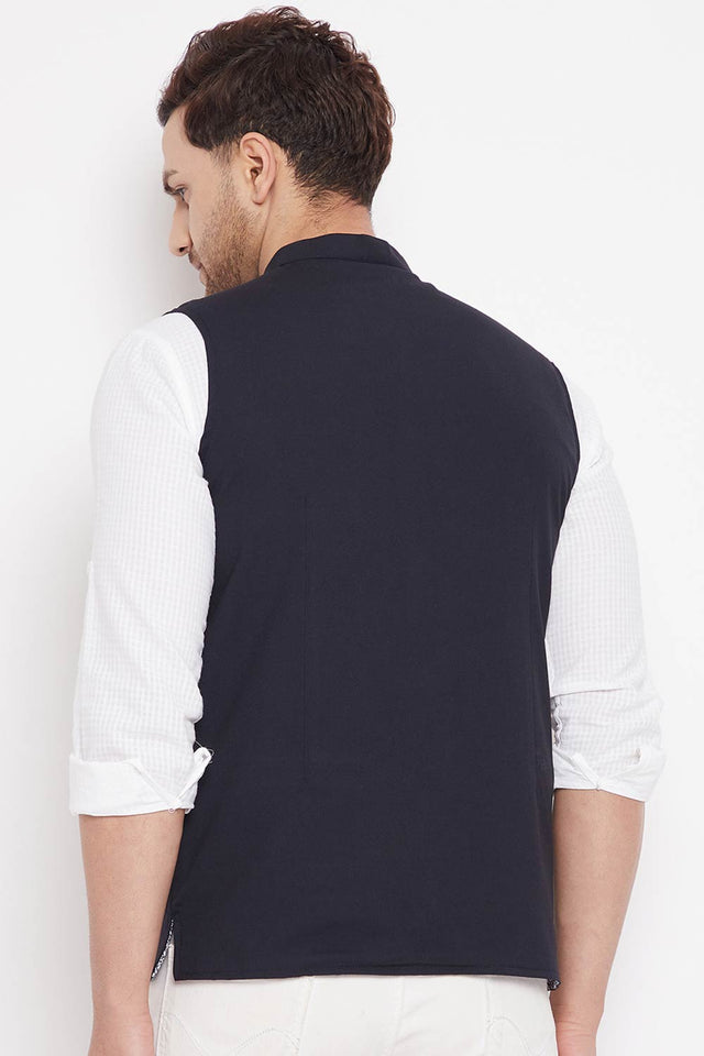 Buy Men's Merino Solid Nehru Jacket in Navy