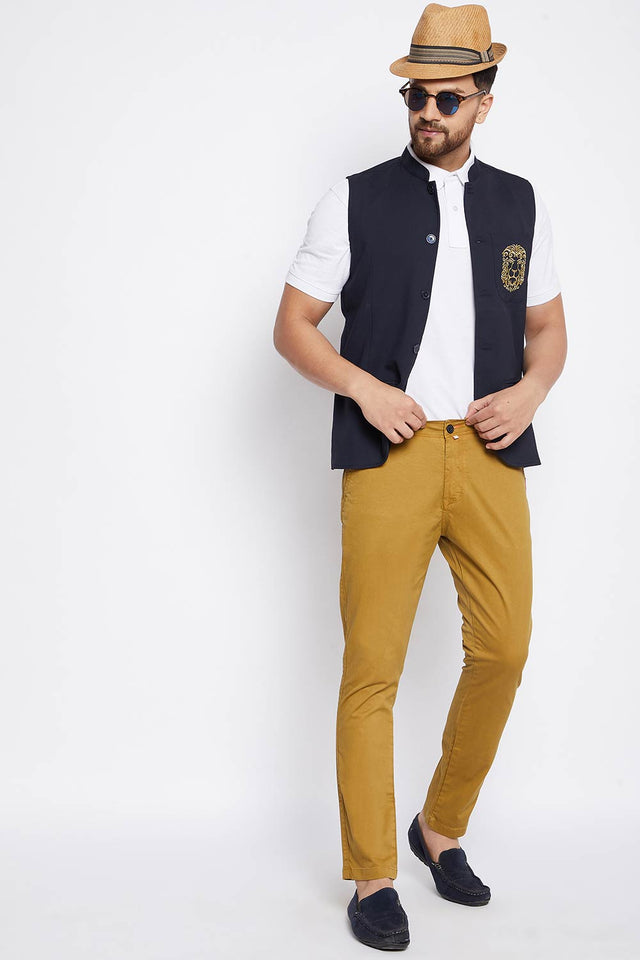 Buy Men's Merino Solid Nehru Jacket in Navy Blue