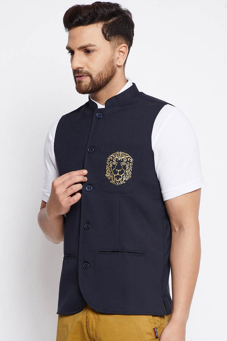 Buy Men's Merino Solid Nehru Jacket in Navy Blue - Side