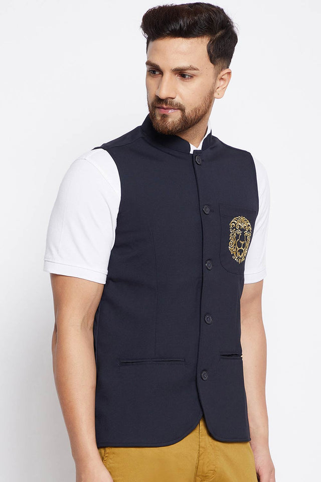 Buy Men's Merino Solid Nehru Jacket in Navy Blue - Zoom in