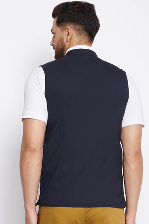 Buy Men's Merino Solid Nehru Jacket in Navy Blue - Zoom Out