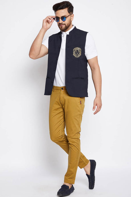 Buy Men's Merino Solid Nehru Jacket in Navy Blue - Back