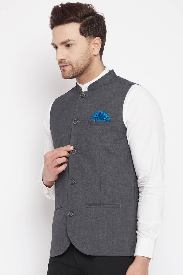 Buy Men's Merino Solid Nehru Jacket in Grey