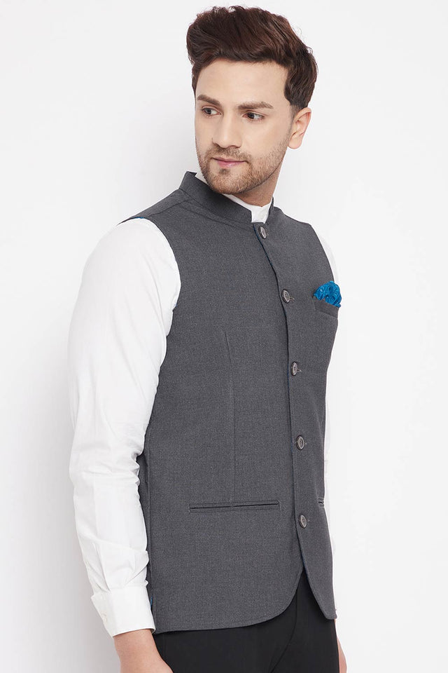 Buy Men's Merino Solid Nehru Jacket in Grey