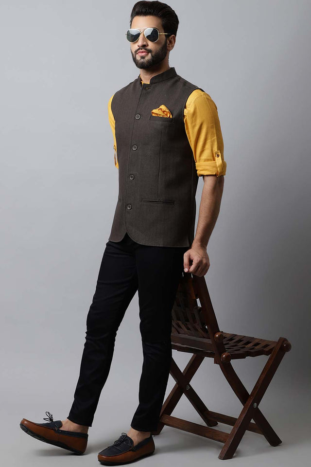 Buy Men's Brown Merino Solid Waistcoat Online - KARMAPLACE