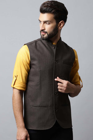 Buy Men's Brown Merino Solid Waistcoat Online - KARMAPLACE