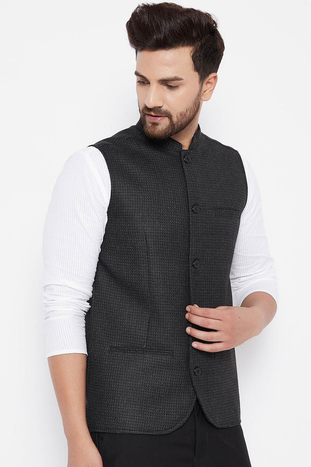 Buy Men's Wool Solid Nehru Jacket in Black - Side