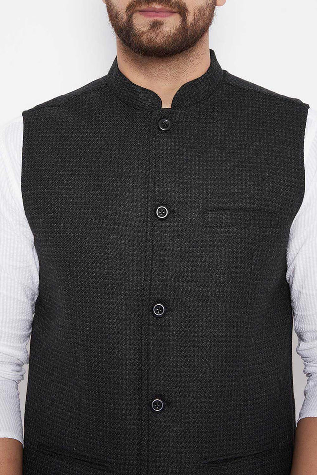 Buy Men's Wool Solid Nehru Jacket in Black - Zoom Out