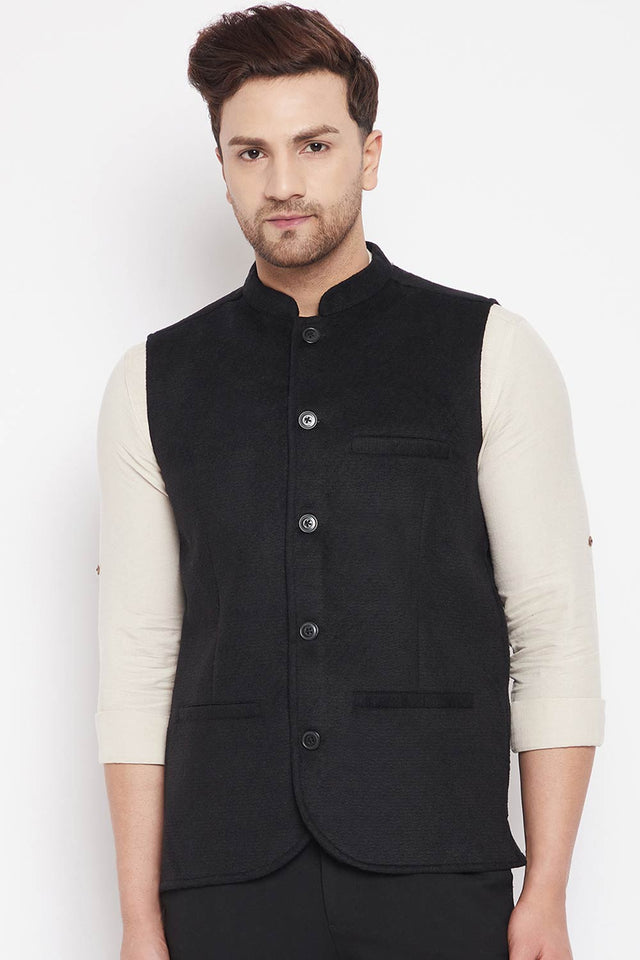 Buy Men's Wool Solid Nehru Jacket in Black