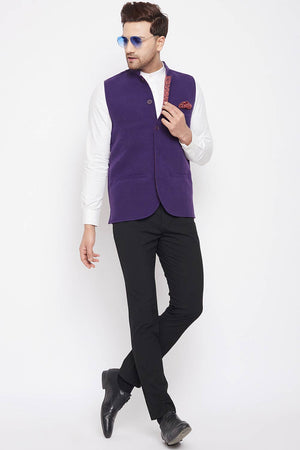 Buy Men's Wool Solid Nehru Jacket in Purple
