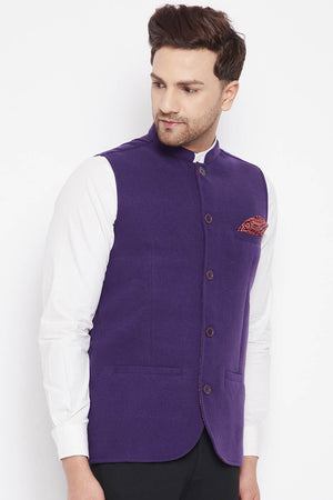 Buy Men's Wool Solid Nehru Jacket in Purple