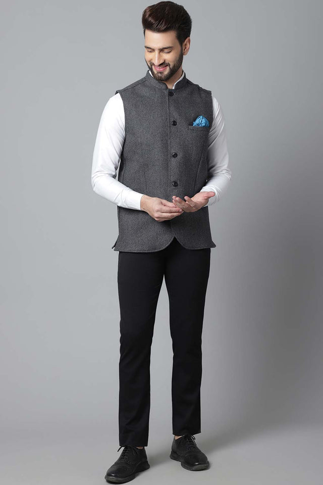 Buy Men's Grey Wool Textured Waistcoat Online - KARMAPLACE