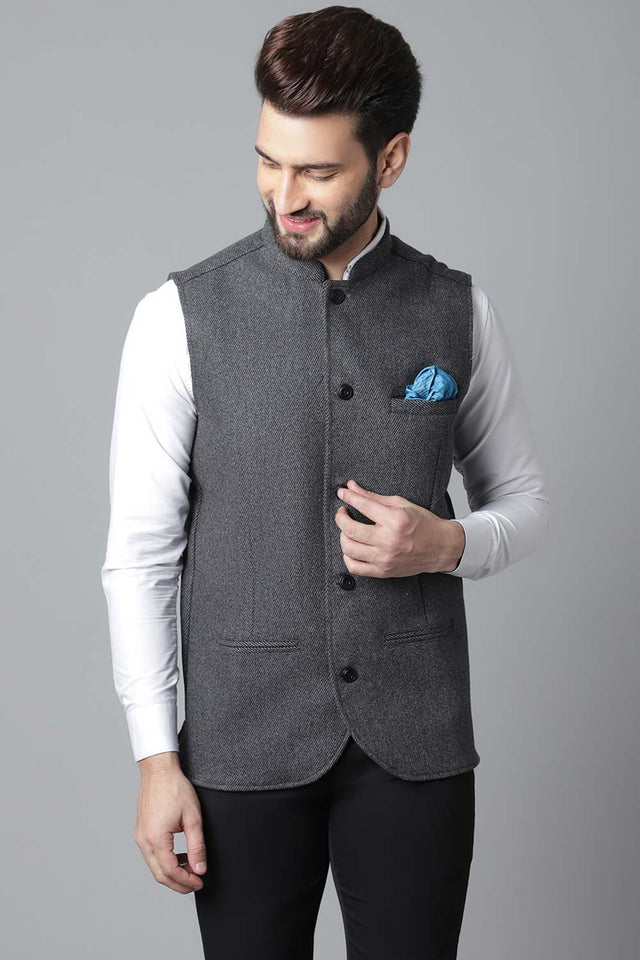 Buy Men's Grey Wool Textured Waistcoat Online - KARMAPLACE