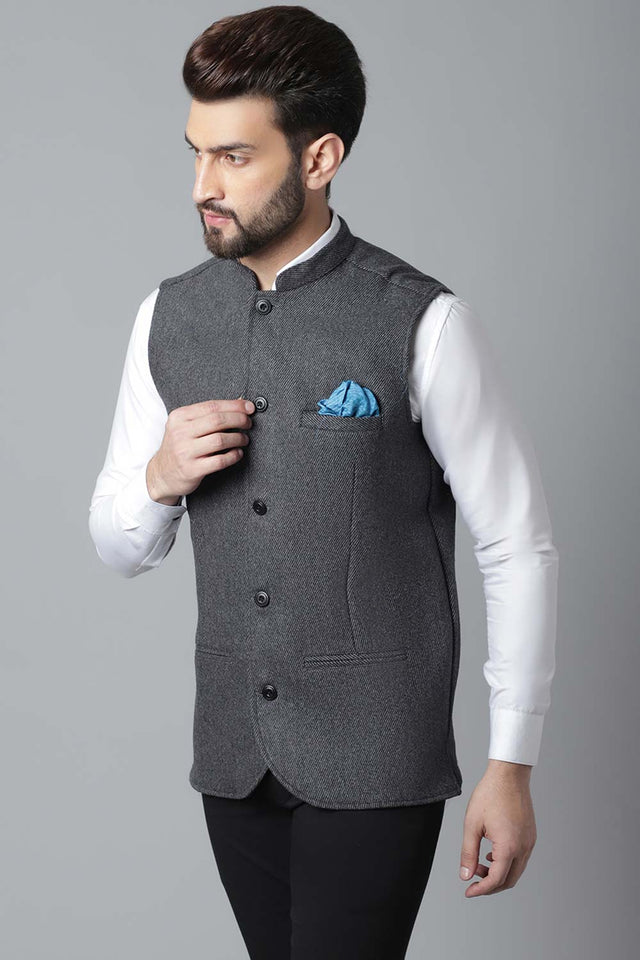 Buy Men's Grey Wool Textured Waistcoat Online - KARMAPLACE