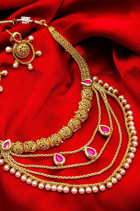 Shop  Alloy Necklace For Women's Set in Gold and Pink At KarmaPlace