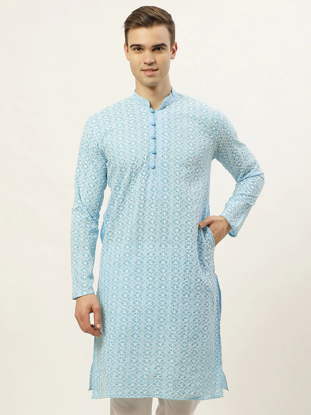 Men's Blue Cotton Embellished Kurta Top