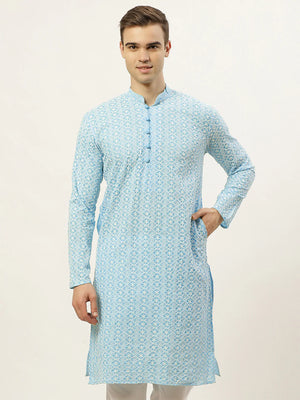 Men's Blue Cotton Embellished Kurta Top