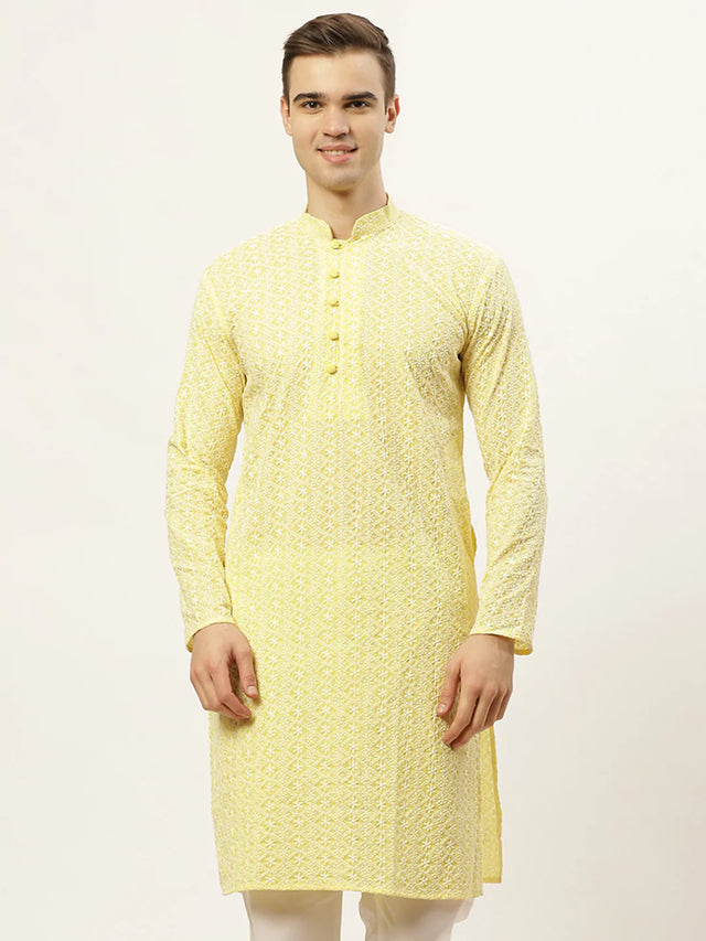 Men's Yellow Cotton Embellished Kurta Top
