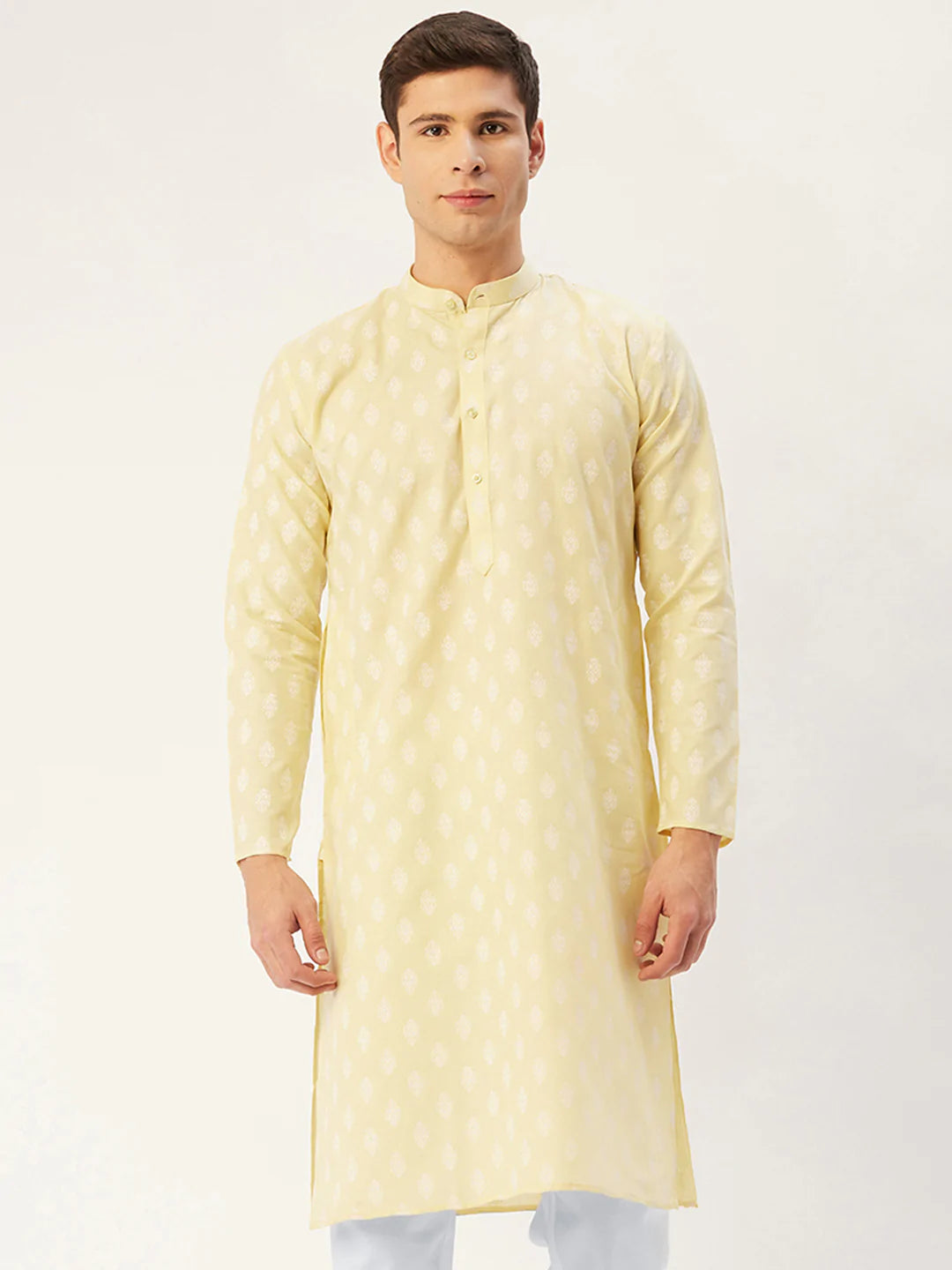 Men's Yellow Cotton Blend Printed Kurta Top (KO_650Yellow)