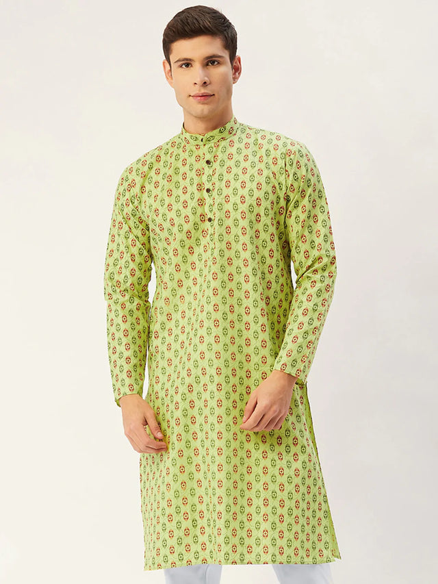 Men's Green Cotton Blend Printed Kurta Top (KO_651Green)