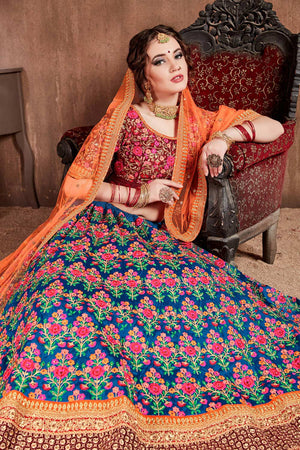 Navy Blue Mulberry Silk Zari Sequins Embroidery With Stone Work Lehenga Set (NT1-7101)