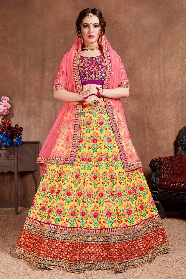 Yellow Mulberry Silk Zari Sequins Embroidery With Stone Work Lehenga Set (NT1-7102)