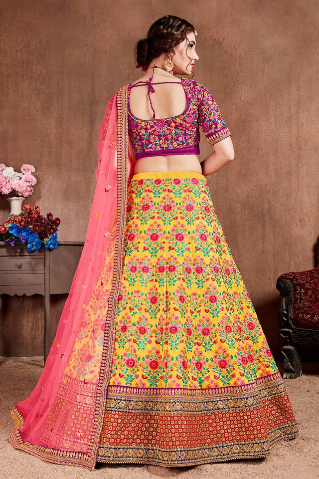 Yellow Mulberry Silk Zari Sequins Embroidery With Stone Work Lehenga Set (NT1-7102)