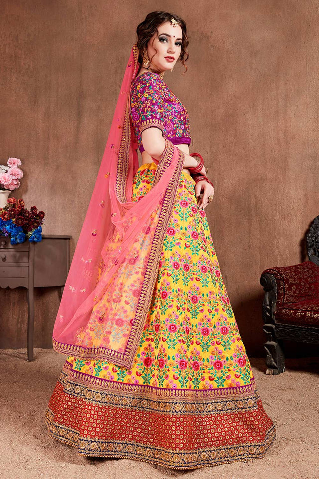 Yellow Mulberry Silk Zari Sequins Embroidery With Stone Work Lehenga Set (NT1-7102)