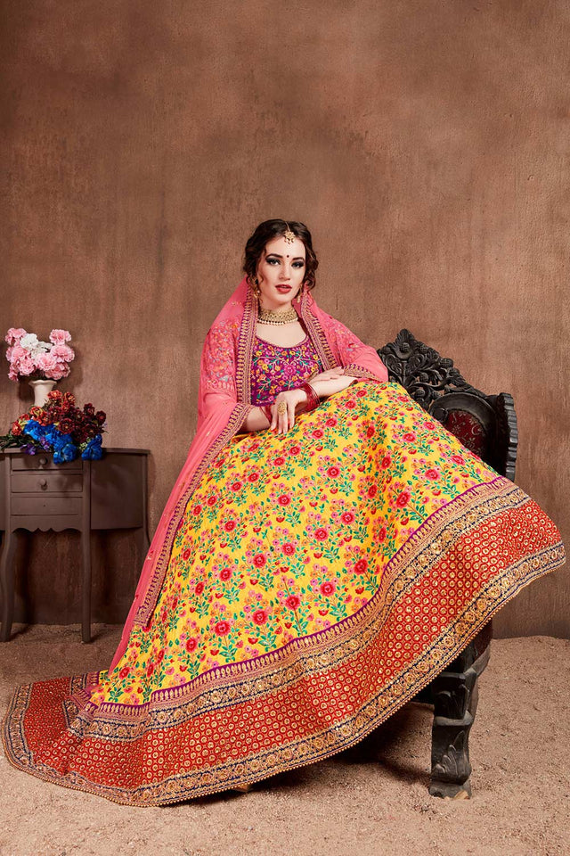 Yellow Mulberry Silk Zari Sequins Embroidery With Stone Work Lehenga Set (NT1-7102)